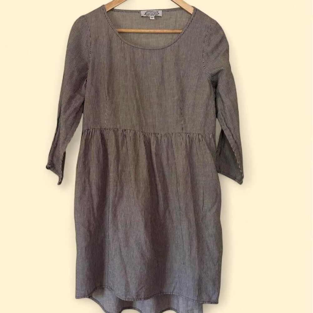 In God We Trust Long 3/4 Sleeve Hickory Stripe Babydoll Cotton Linen Mini Dress